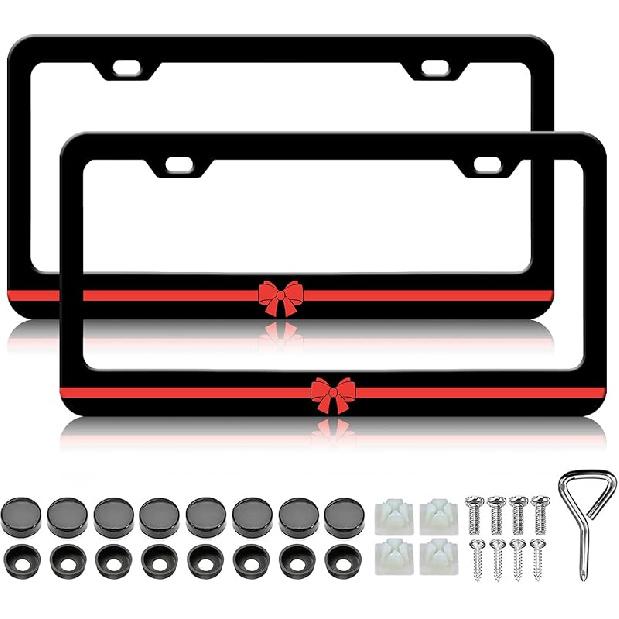Red Bow License Plate Frames For Women - 2 Pack Cute License Plate Holder, Stainless Steel Rust-Proof Waterproof Car Decorative Tag Frame With Screws