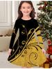 Girls' Autumn and Winter Fashion Dress, 3D Leaf Print Round Neck Long Children's T-shirt Dress, Casual Versatile, Christmas Clothing