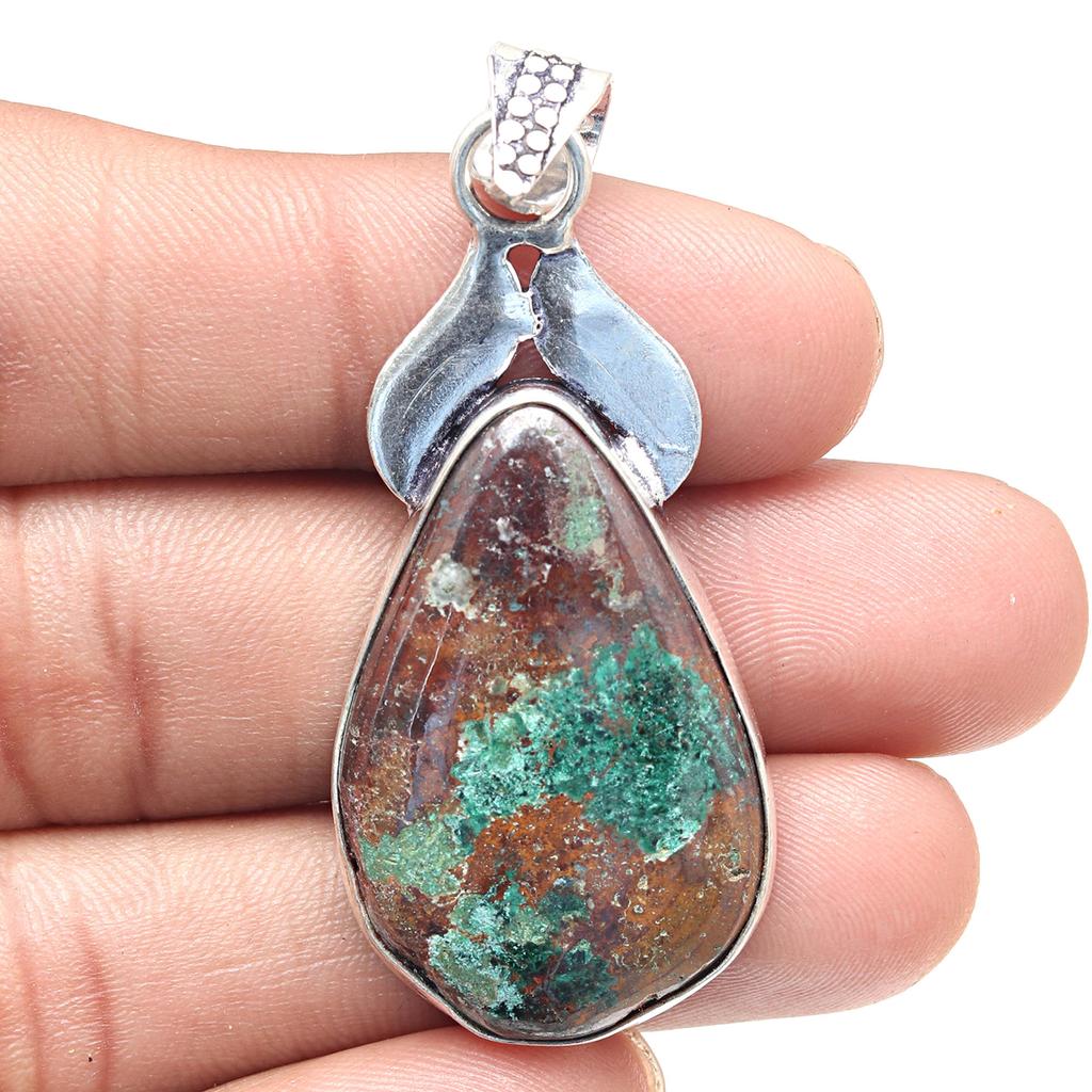 Подвеска из драгоценного камня хризоколла, подарок ручной работы для нее, серебряные украшения 2,25 дюйма