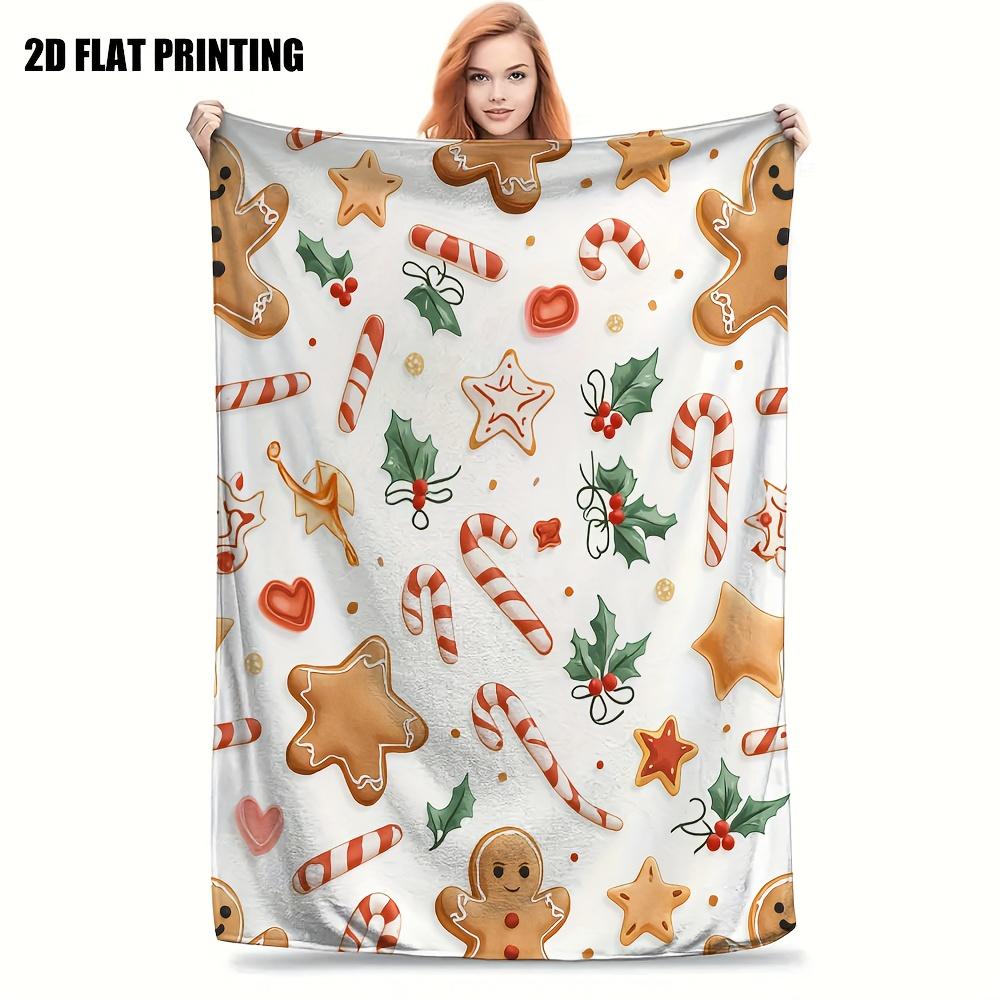 Gingerbread Man Christmas Flannel Throw Blanket, Candy Cane Holly Print Soft Warm Cozy Blanket for Sofa Bed Winter Holiday Xmas Home Decor Gift