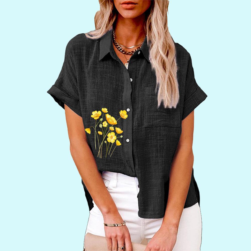 Большие размеры Женская мода цветочный принт блузка повседневная льняная футболка женская свободная рубашка с коротким рукавом на пуговицах