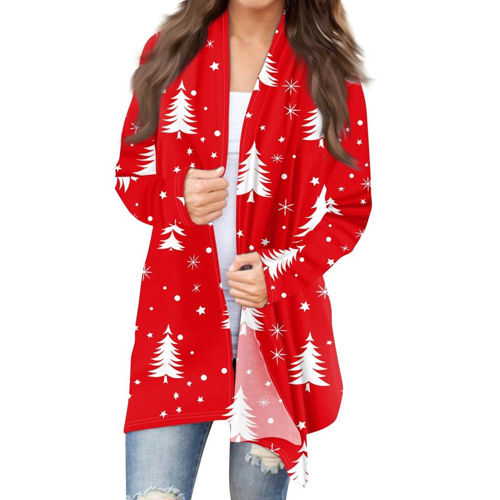 Women's Fashion Christmas Print Jacket Long Sleeve Casual Cardigan Coat