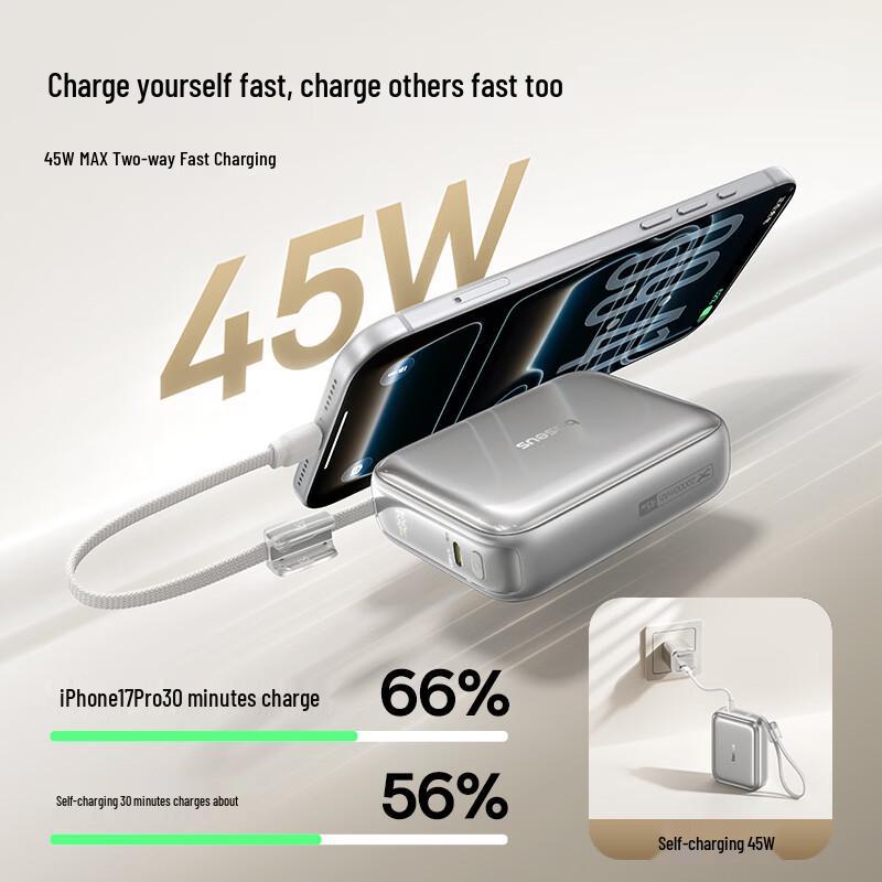 Baseus Портативное зарядное устройство Power Bank 45 Вт, 20000 мАч со встроенным кабелем