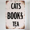Винтажная деревенская металлическая табличка с текстом «Коты Книга & Чай» - Квадратный металлический настенный декор для дома Кафе Бара, Погоревшая от ржавчины жестяная табличка с Мо