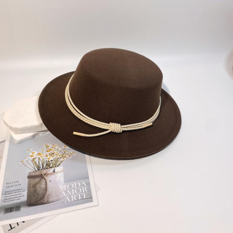New leather rope flat-top woolen top hat women's autumn and winter temperament elegant and fashionable versatile flat-brimmed felt hat men's stage