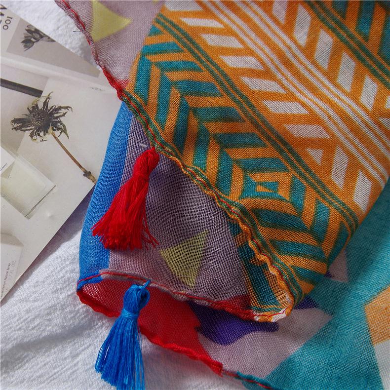 Colorful Geometric Cotton-Linen Scarf: Retro Ethnic Style Beach Shawl