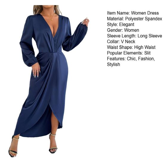 Женское атласное платье-запа́х длинное с V-образным вырезом, длинным рукавом, макси, с высоким разрезом, вечернее платье для вечеринки, коктейльное платье