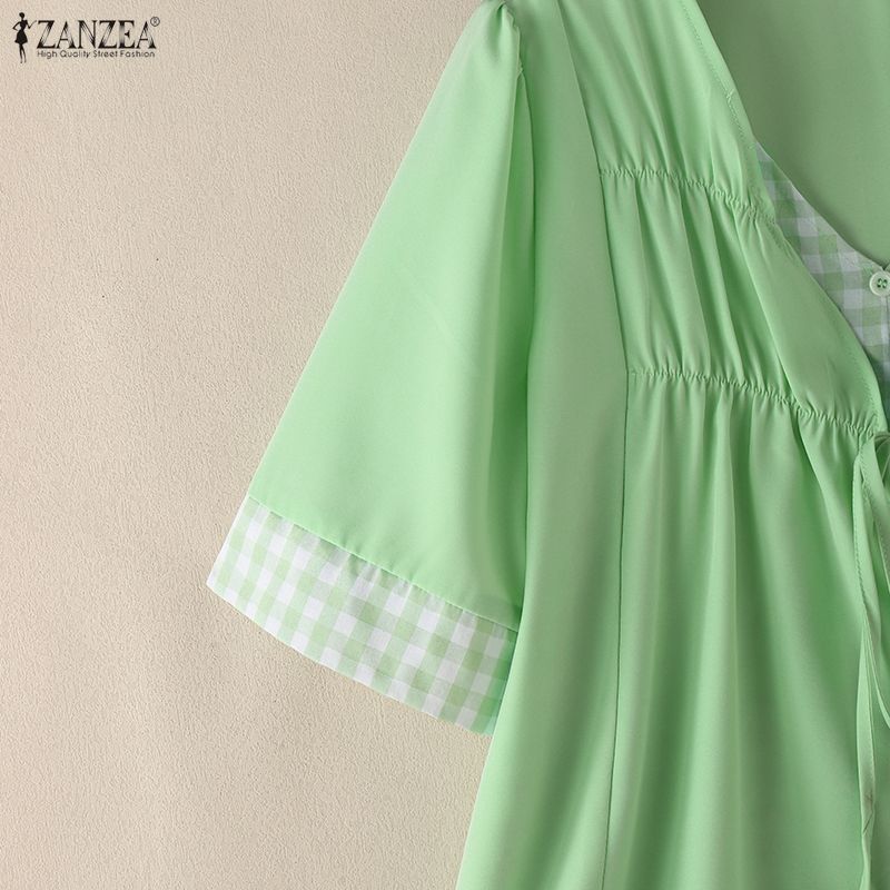 Grid Print Zanzea Women Splice Vneck Casual Short Sleeve Blouse