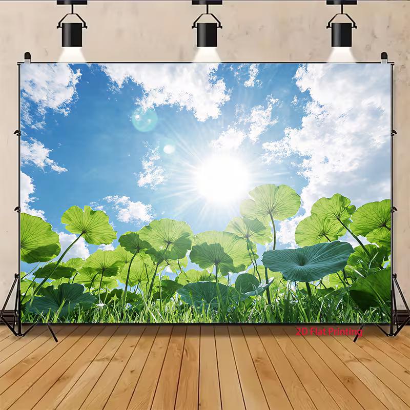2D Фотофон Декор Наружный Натуральный Пейзаж Пруд Со Свежими Зелеными Лотосами