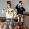 Winter Teenage Girl Clothes Sailor Collar Knitted Sweater and Plaid Pleats Skirts Set Children Top and Bottom 2 Pieces Outfits