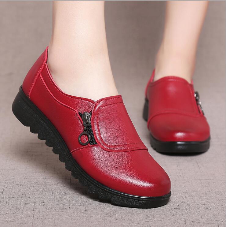 Fashion Soft Leather Round Head Women Casual Flats Ladies Side Zipper Flat Oxford Shoes Mother Single Shoes