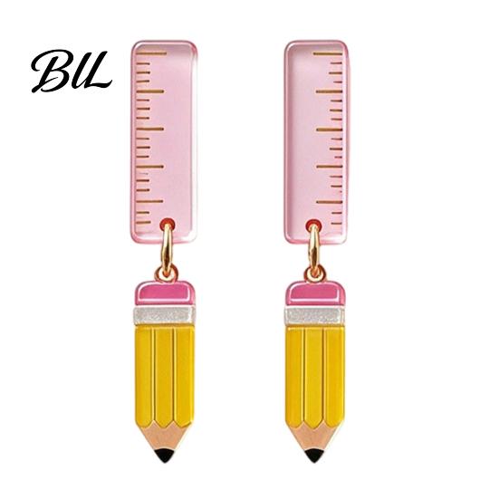 Personalized School Life Ornaments 1 Pair Teacher Earrings for Women, Cute 2D Acrylic Crayon Pencil Backpack Dangle Number Alphabet Earrings,