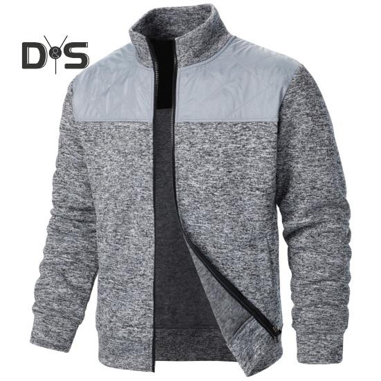 Осень-зима мужская куртка трикотажная пэчворк застежка-молния воротник стойка кардиган длинные рукава средней длины приталенный крой термопальто