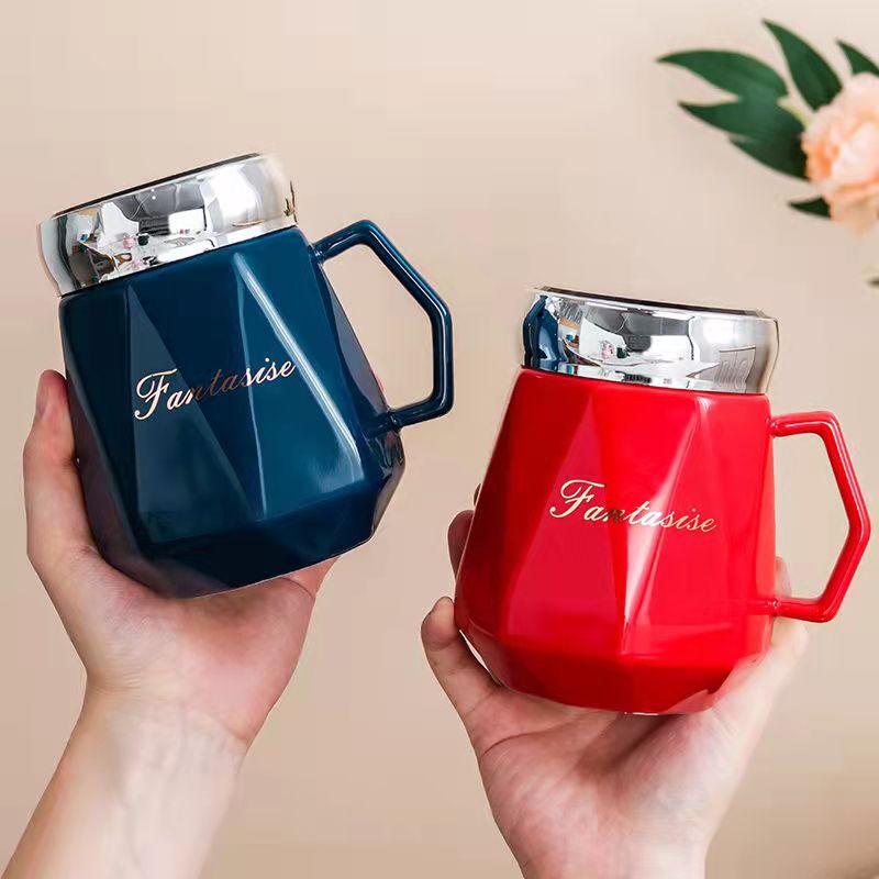 Lavender Cartoon Ceramic Water Mug with Cover,Mirror Seal Leakproof Mug Fashion Cup Milk Juice Cup Home Office Drinkware 500ml