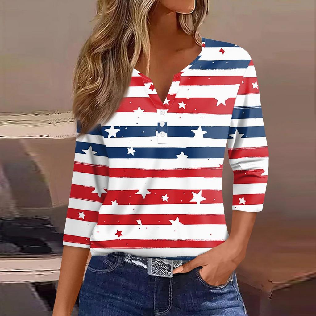 Women's T Shirt Tee Independence Day Printed Button  3/4 Sleeve Tunic Daily Weekend Fashion Basic V- Neck Regular Top