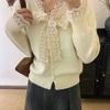 Кружевной кардиган с жемчугом, женский вязаный кардиган с бантом, свободный свитер для осени и зимы, топ с длинным рукавом