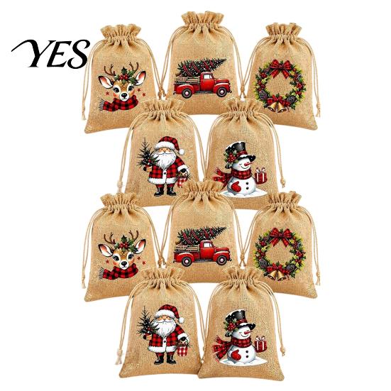 Christmas Party Favor Bags Jute Burlap Gift Bags, Drawstring Treat Candy Mini Advent Calendar Bag, Reusable Linen Packaging Pouch for Holiday