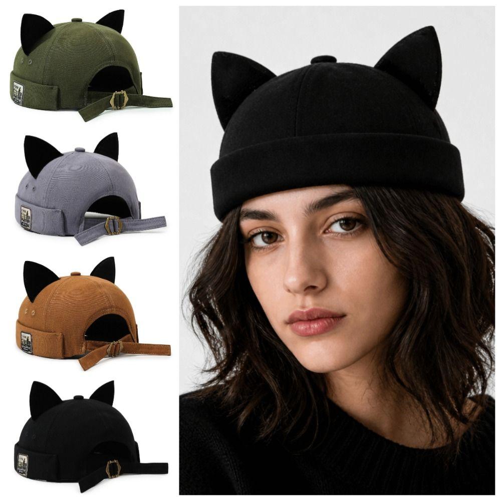 Cute Cat Ears Brimless Hat Breathable Bucket Cap Fashion Solid Color Docker Hat Casual Wear