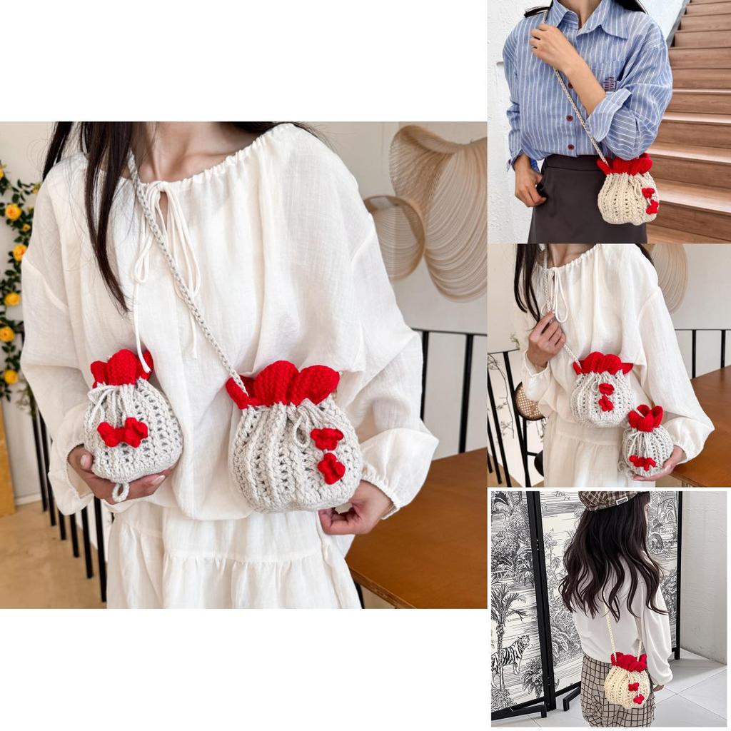 Minimally Woven Crossbody Bag With Flower Appearance And Drawstring Design For Daily Use