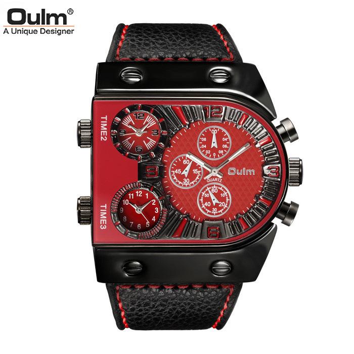 Oulm Luxury Men Watch Leather Wrist Watch For Man Three Time Zone Watches Military Clock Male Sport Quartz Watch montre homme