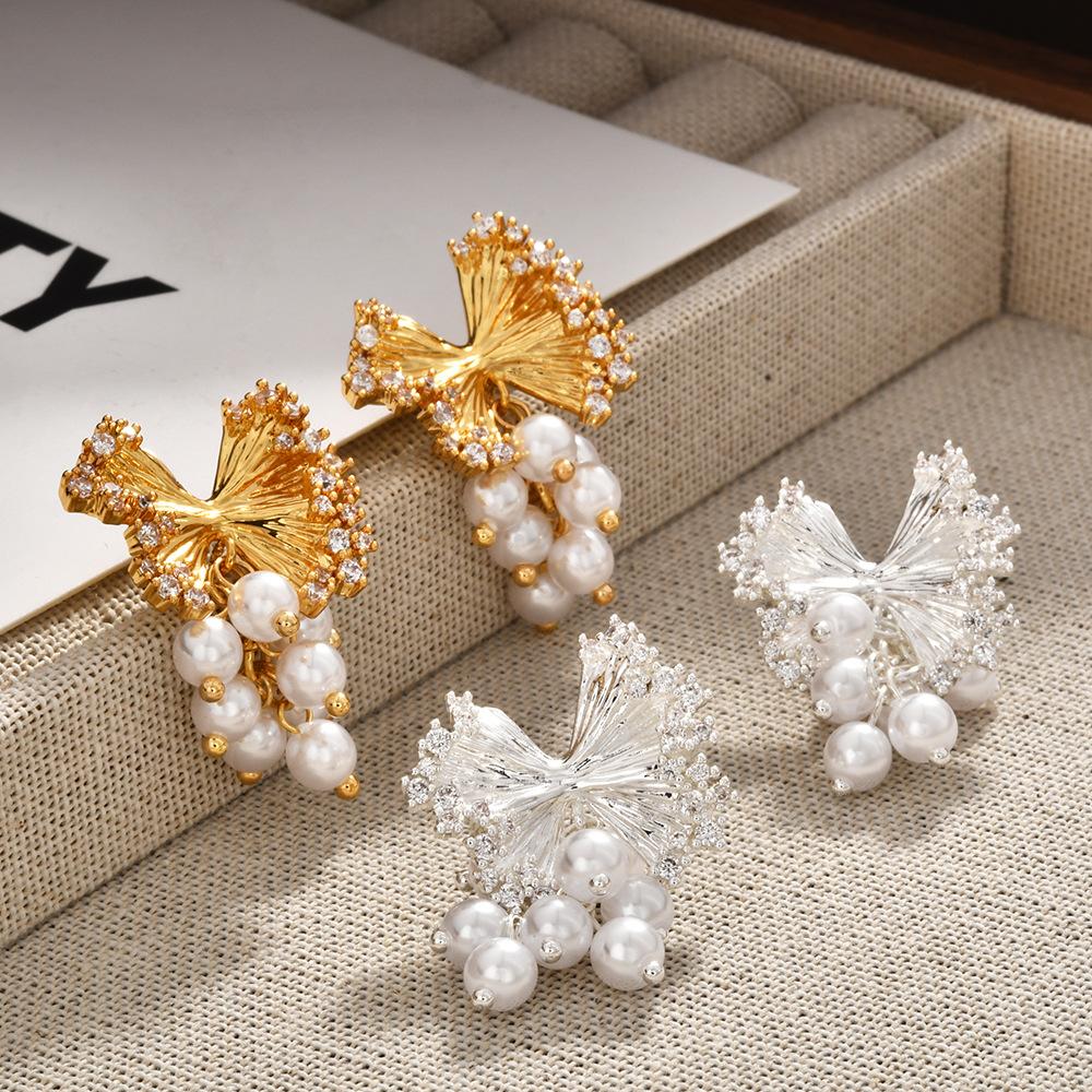 Elegant Vintage Butterfly Pearl Tassel Earrings, Sparkling Zircon Studs