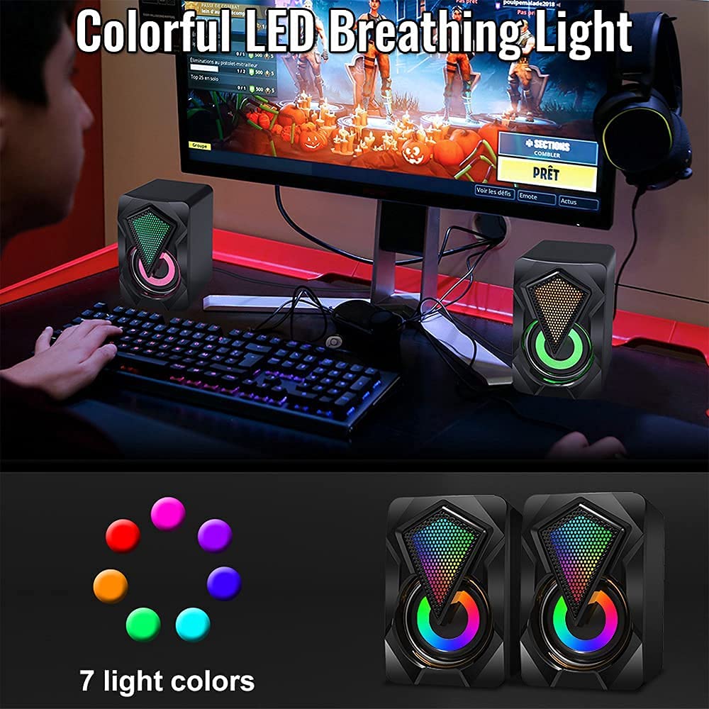 Мини-кристальный динамик с RGB-подсветкой, Компьютерный динамик, Питание от USB, Вспомогательный разъем 3,5 мм, Подходит для настольного компьютера, ноутбука, монитора
