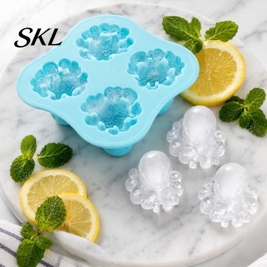 Unique Shaped Ice Cubes Octopus Cube Tray Mold, 4 Grid Maker, Food Grade Flexible TPR Soft Easy Release for Jelly Chocolate Drinks And Cocktails Small
