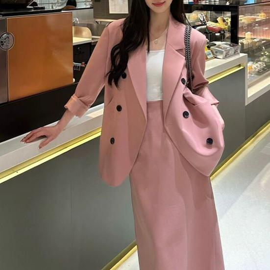 Женский костюм из 2 предметов, пальто, юбка, двубортный пиджак с длинными рукавами и лацканами, средней длины, свободная юбка с высокой талией, формальный деловой стиль, наряд
