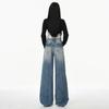 Autumn new American washed pleated retro blue washed wide-leg pants women's loose straight mopping jeans