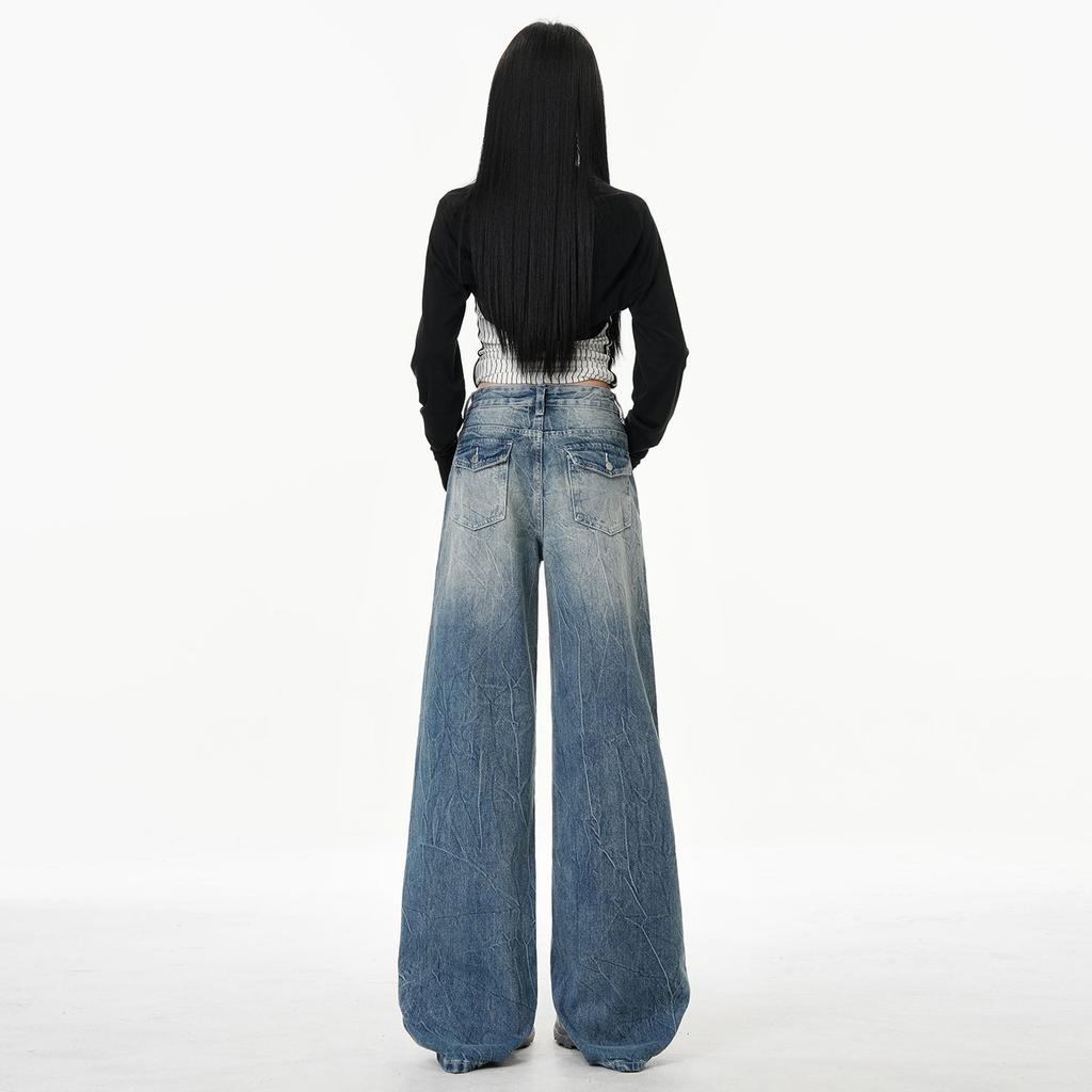Autumn new American washed pleated retro blue washed wide-leg pants women's loose straight mopping jeans