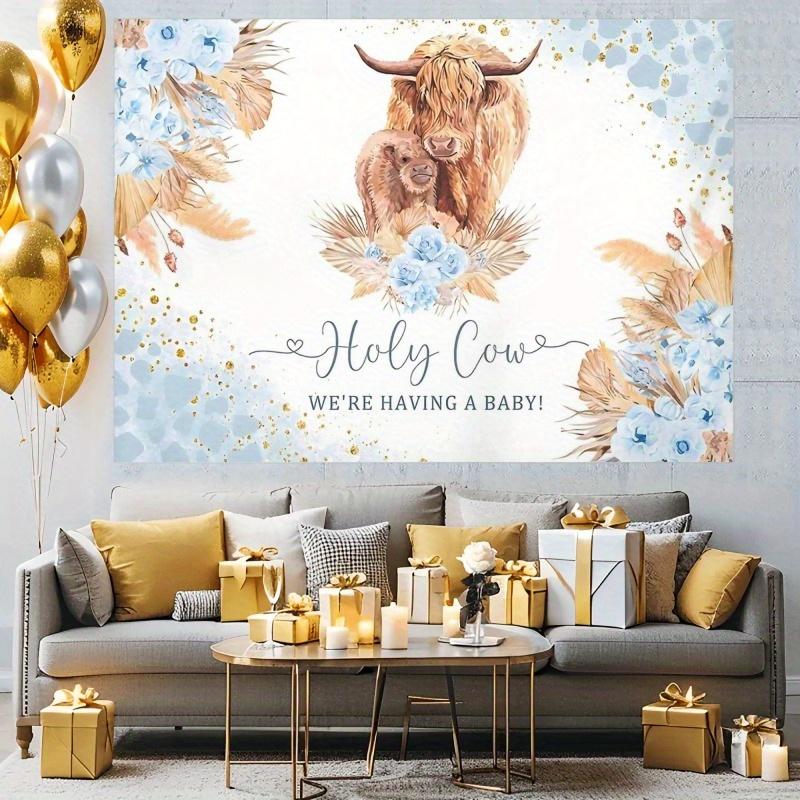 2D flat design 1-piece "Oh my god we're going to have calves!" cow-themed party background banner suitable for farm events
