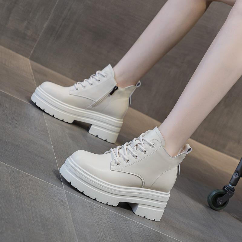 Осень и зима новая женская обувь толстая подошва завышенная новая подошва-маффин средняя высота голенища повседневные шнуровка короткие ботинки женский тренд бархат