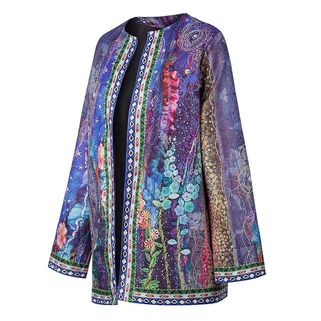 Винтажный женский кардиган с принтом, свободная повседневная куртка с длинными рукавами и карманами, пальто, верхняя одежда