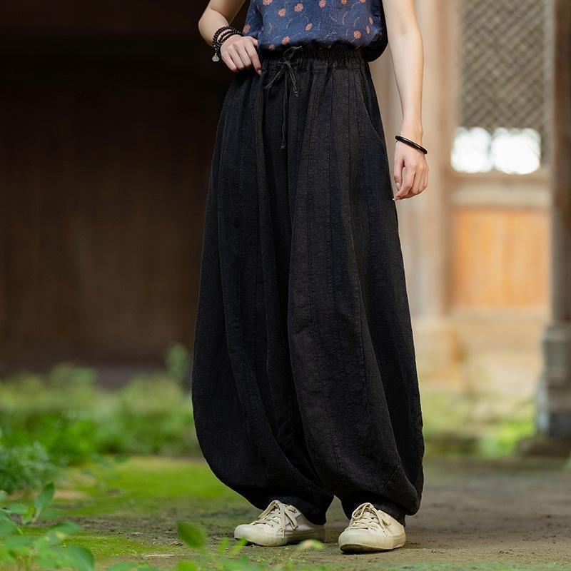 Весенние хлопково-льняные женские литературно-художественные ретро свободные штаны-тыквы с песочной стиркой и строчкой женские нишевые дзен-медитационные шорты