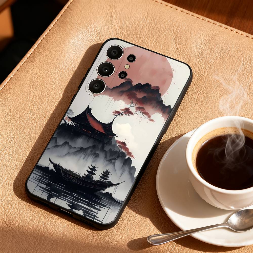 Японские элементы пейзажного искусства Чехол для телефона Для Samsung S26,S25,24,23,22,30,21,10,9,Ultra,Plus,Lite,Черный Мягкий чехол