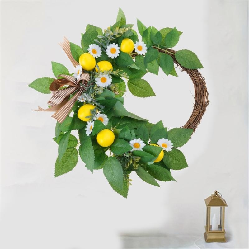 Artificial Bowknot Wreath with Lemon for Front Door, Spring Wreath for Front Door Farmhouses Outdoor Wedding Decorations