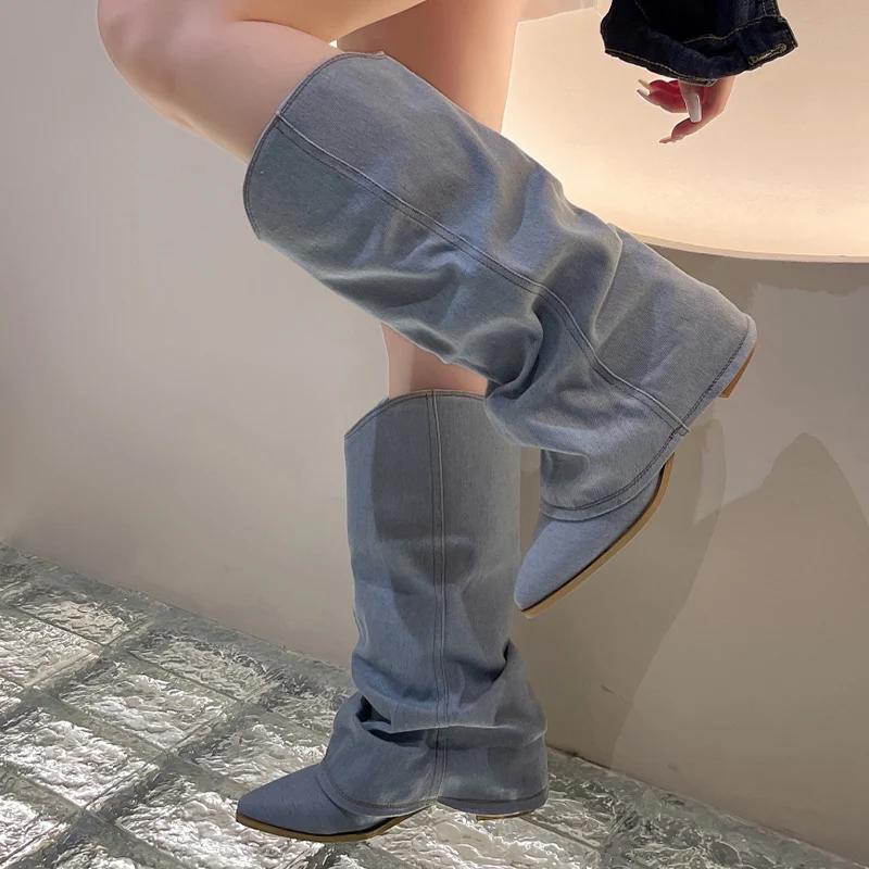 Ковбойские женские высокие сапоги на среднем каблуке, высокие сапоги челси до колена, остроносые массивные модные туфли, зимнее трендовое платье 2024 года, женские сапоги