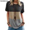 S-5XL Европейская и американская весенне-летняя женская цветная контрастная футболка с карманом, круглым вырезом и коротким рукавом, свободный топ