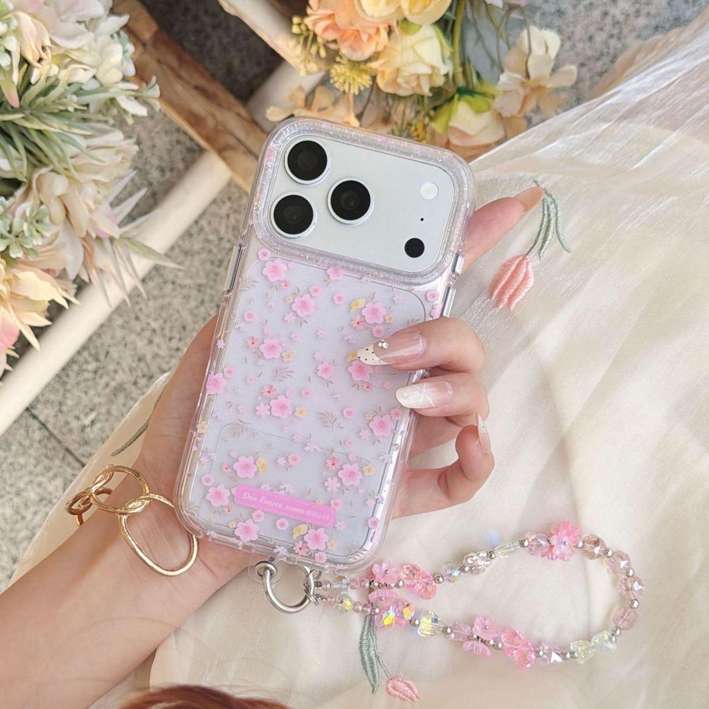 Эстетичный розовый цветочный чехол для iPhone с цепочкой для моделей 13-17 Pro Max