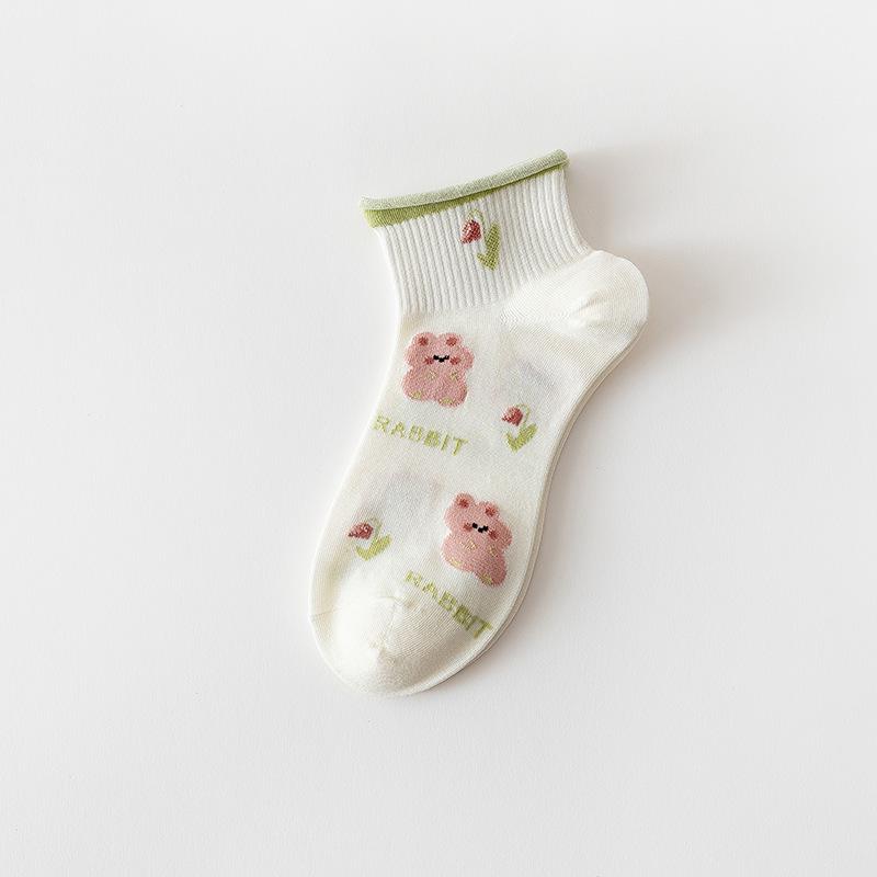 Women's Spring and Summer White Japanese-Style Cartoon Tulip Short Socks.