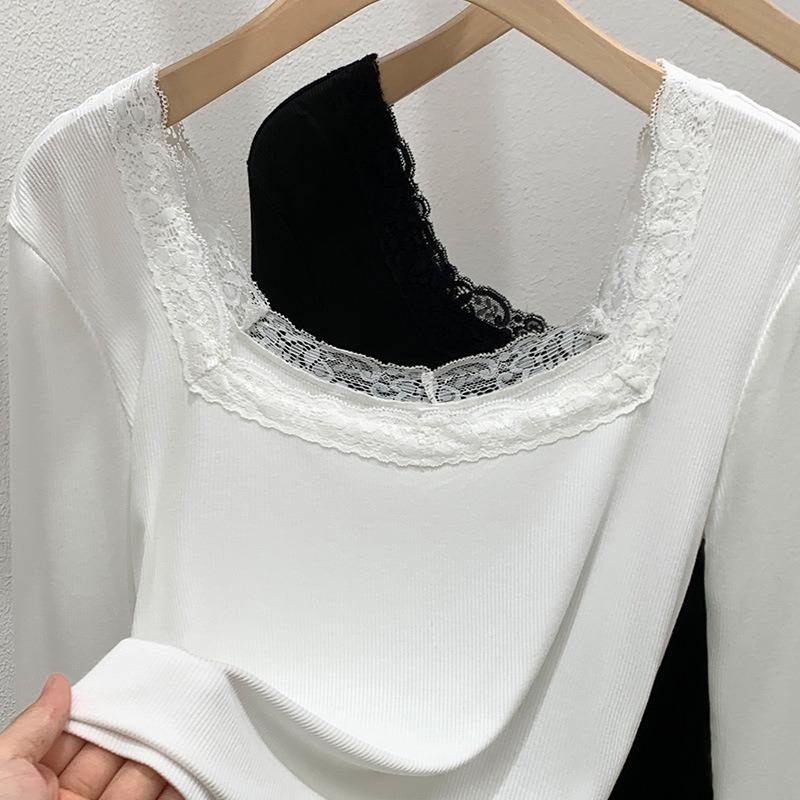Threaded Bottomed Shirt Women's New Women's Clothing Lace Lace Splicing Square Collar Inner Long Sleeve Waist Top