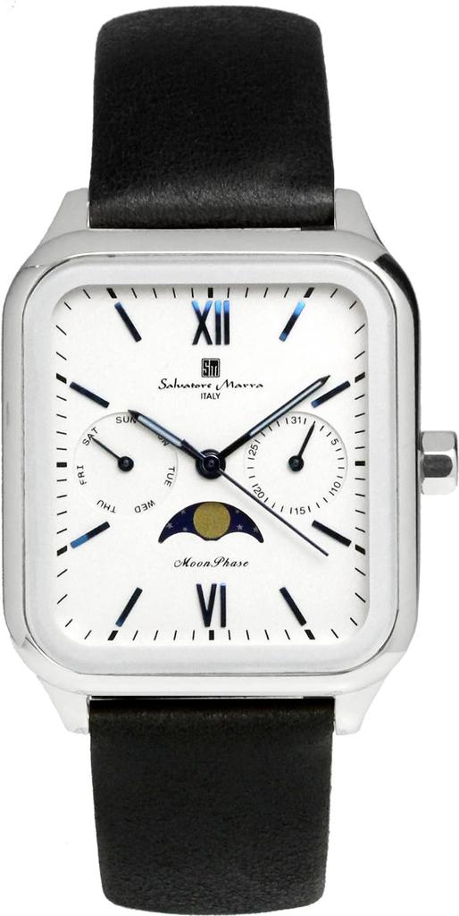 Moon Phase Square Square Multi Calendar Daily Waterproof Business Formal Leather Belt Limited Model Silver White [Salvatore Mara] Men's SM24112-SSWHLE