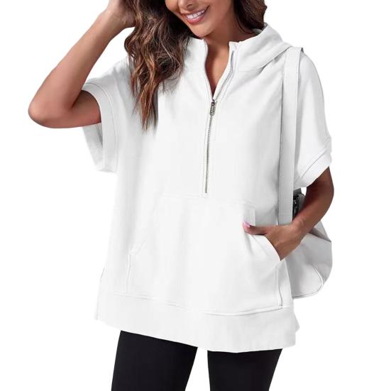 Summer Women Hoodie Half Zipper Short Sleeves Solid Color Pullover Loose with Pocket Casual