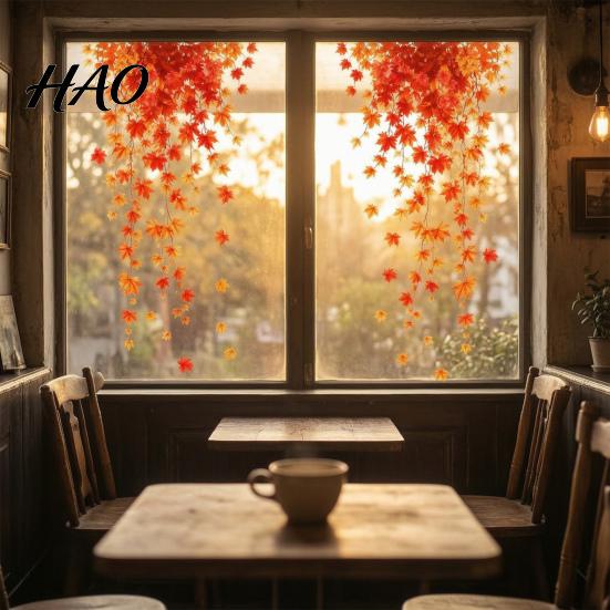 Orange Red Maple Leaf Ornaments 2Pcs Fall Window Clings, Hanging Decals, Reusable Autumn Warm Toned Stickers Leaves Static for Thanksgiving