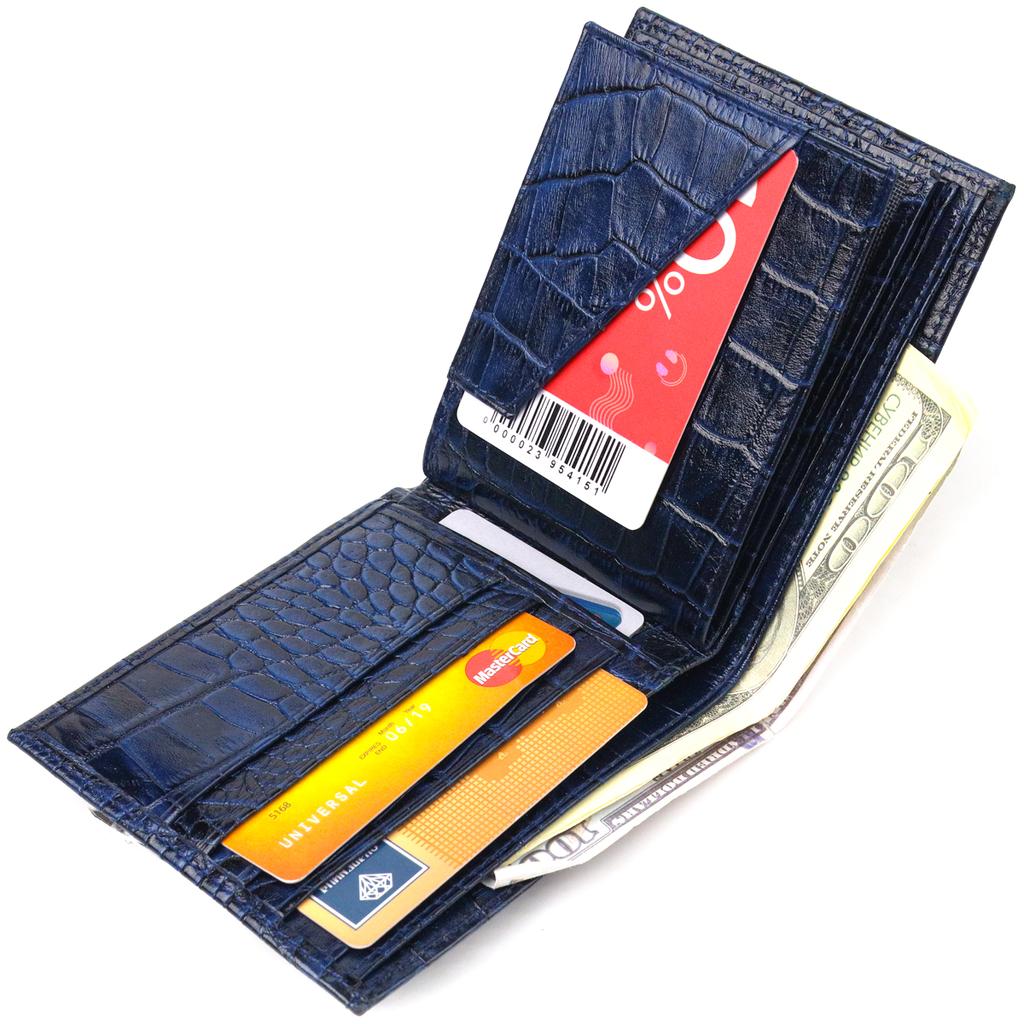 Стильный мужской кошелек в два сложения из натуральной фактурной кожи с тиснением под крокодила CANPELLINI Purse 21580 Синий