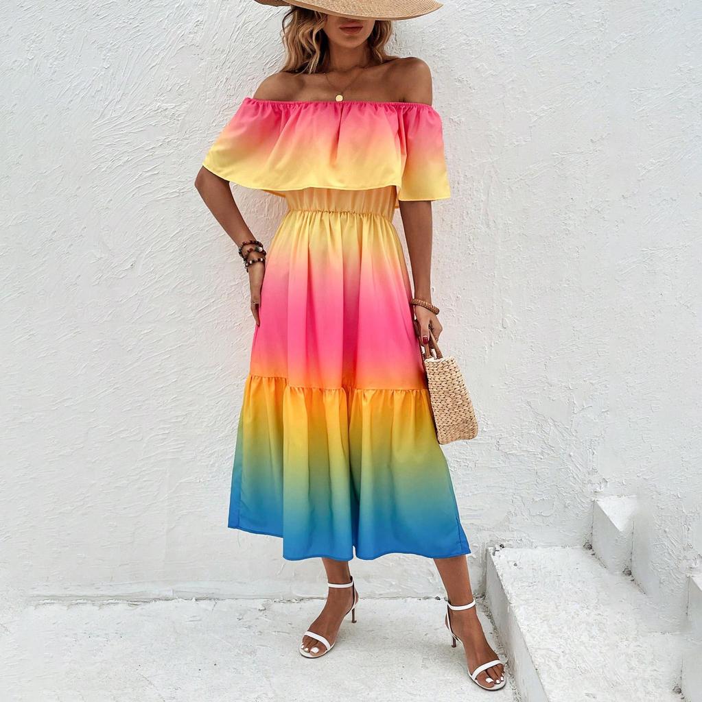 Весна-лето Женское приморское отпускное платье радужного цвета с короткими рукавами, облегающее платье А-силуэта с высокой талией и плечами-лотосами, размер S-XL