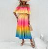 Весна-лето Женское приморское отпускное платье радужного цвета с короткими рукавами, облегающее платье А-силуэта с высокой талией и плечами-лотосами, размер S-XL