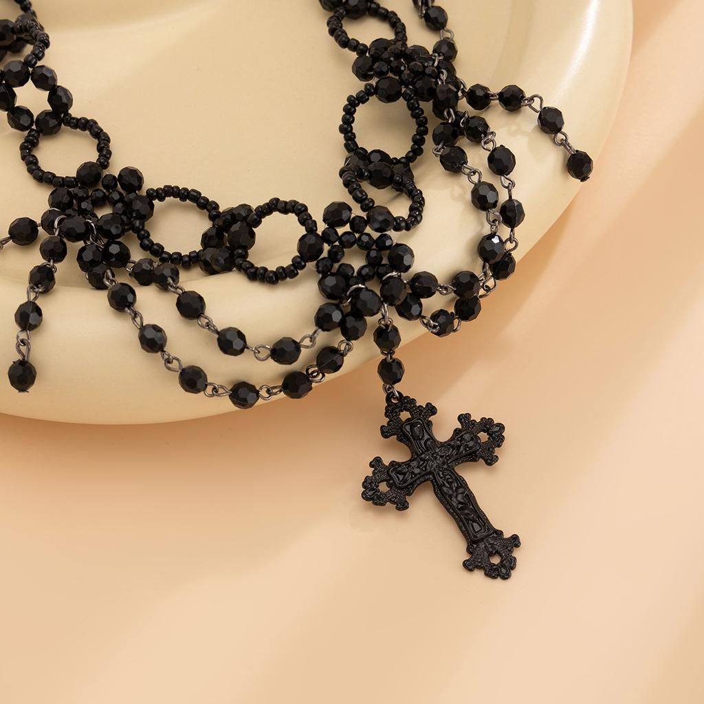 Темное многослойное колье-чокер с бахромой до ключиц женское, готический кулон с крестом, винтажное ожерелье из бусин