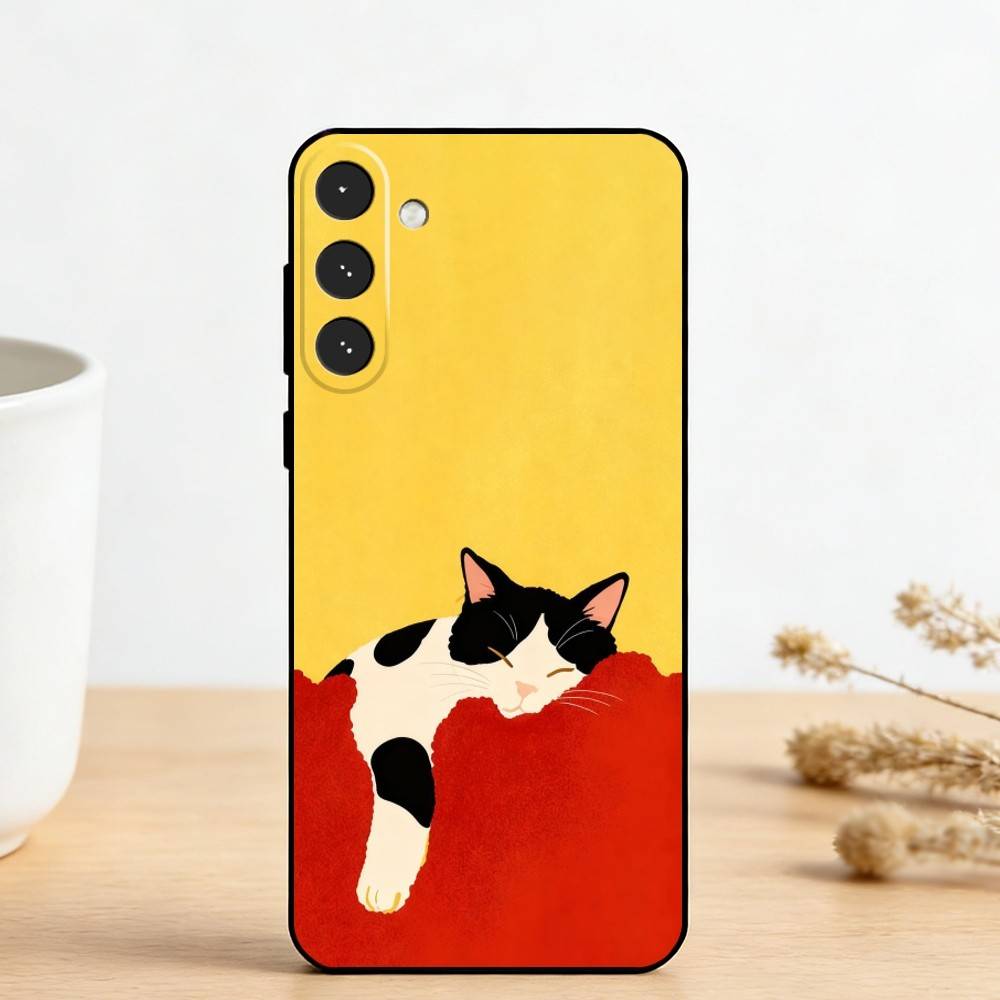 C-Cute Black White Cat Phone Case For Samsung Galaxy A73,A72,A71,A70,A53,A52,A51,Others Soft Black Cover