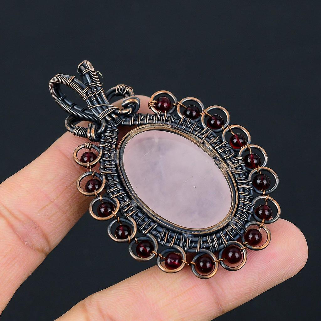 Rose Quartz Gemstone Pure Copper Wire Wrapped Handmade Pendant Jewelry